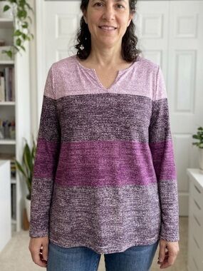 Horizontal Color-blocking Tee Top, Women’s L, Pink Purple Gray